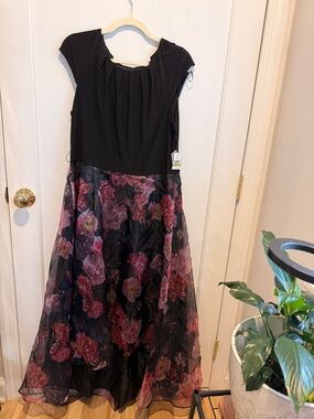 SLNY Black Dress with Pink Floral Overlay Skirt